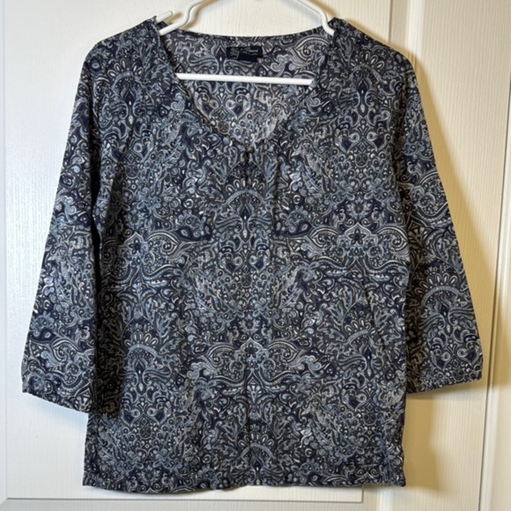 Lucky Brand Blue Floral Paisley L/S  V-Neck Peasant Blouse Size Small EUC #2611